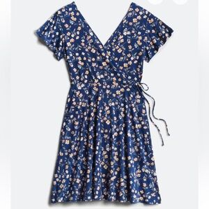 Kaela Blue Floral Faux Wrap Knit Dress